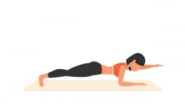 Plank ve egzersiz eğitimi. Paspasın üzerinde kadın egzersizi. Spor yapan bir kadın. Genç kız karakter eğitimli 2D animasyon. Spor ve sağlıklı yaşam tarzı kavramı.