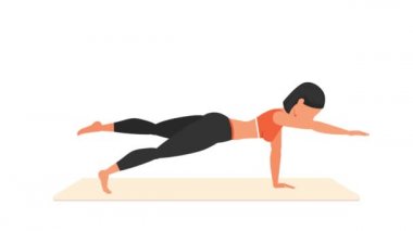 Çapraz tahta egzersizi dersi. Paspasın üzerinde kadın egzersizi. Spor yapan bir kadın. Genç kız karakter eğitimli 2D animasyon. Spor ve sağlıklı yaşam tarzı kavramı.