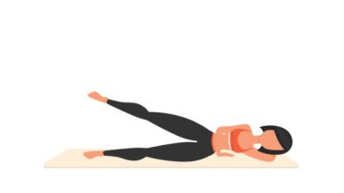 Yan yatmış bacak kaldırma egzersizi dersi. Paspasın üzerinde kadın egzersizi. Spor yapan bir kadın. Genç kız karakter eğitimli 2D animasyon. Spor ve sağlıklı yaşam tarzı kavramı.