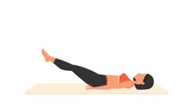 Crunch tekme egzersizi dersi veriyor. Paspasın üzerinde kadın egzersizi. Spor yapan bir kadın. Genç kız karakter eğitimli 2D animasyon. Spor ve sağlıklı yaşam tarzı kavramı.