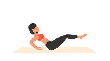 Bacak giriş ve çıkış egzersizleri dersi. Paspasın üzerinde kadın egzersizi. Spor yapan bir kadın. Genç kız karakter eğitimli 2D animasyon. Spor ve sağlıklı yaşam tarzı kavramı.