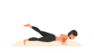 Bir bacak şınavı egzersizi dersi. Paspasın üzerinde kadın egzersizi. Spor yapan bir kadın. Genç kız karakter eğitimli 2D animasyon. Spor ve sağlıklı yaşam tarzı kavramı.