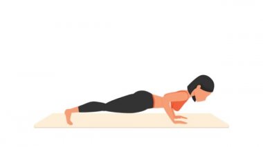 Askeri şınav. Eğitim amaçlı. Paspasın üzerinde kadın egzersizi. Spor yapan bir kadın. Genç kız karakter eğitimli 2D animasyon. Spor ve sağlıklı yaşam tarzı kavramı.