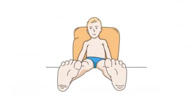 Mutlu küçük bir çocuk duvarın yanında oturur ve ayaklarını ve kafasını çevirir. Mutlu çocukluk kavramı. Yastığın üzerinde rahatlayan gülümseyen çocuk. Basit döngülenmiş canlandırma