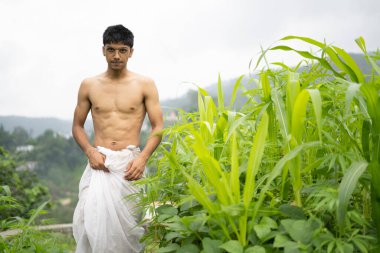 Young Indian fit boy, walking on a pathway beside crops in the field. An Indian priest walking while wearing white dhoti. Indian religious man.
