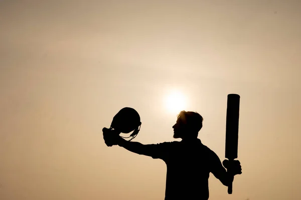 Silhueta Jogador Críquete Comemorando Depois Obter Século Jogo Críquete Cricket — Fotografia de Stock