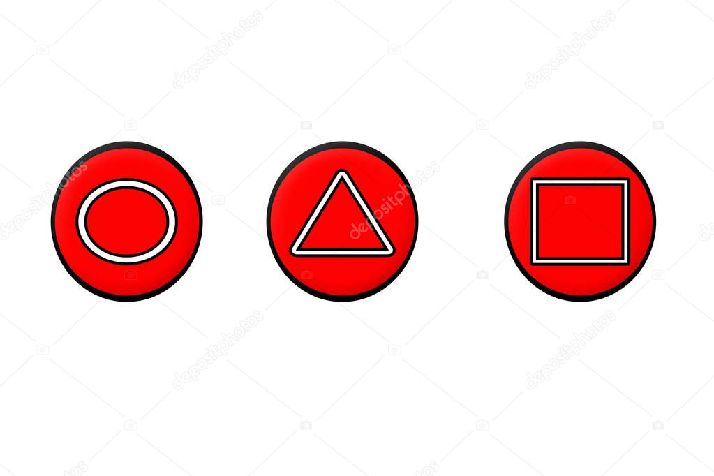 the round, the triangle and the white square on red circles with a white background behind