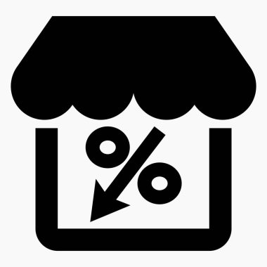 Mağaza indirimi. Mağaza binası ve yüzde indirimi. Fiyat düştü. Süpermarkette indirim var. Vektör simgesi.