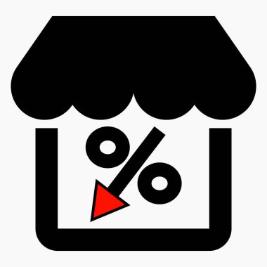 Mağaza indirimi. Mağaza binası ve yüzde indirimi. Fiyat düştü. Süpermarkette indirim var. Vektör simgesi.