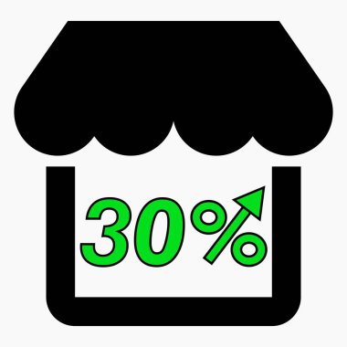 Mağaza satışlarında% 30 artış. Mağaza inşaatı ve beyaz arka planda yüzde artışı. Süpermarkette satış artışı. Vektör simgesi