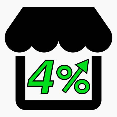 Mağaza satışlarında% 4 artış. Mağaza inşaatı ve beyaz arka planda yüzde artışı. Süpermarkette satış artışı. Vektör simgesi