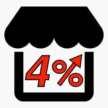 Mağaza satışlarında% 4 artış. Mağaza inşaatı ve beyaz arka planda yüzde artışı. Süpermarkette satış artışı. Vektör simgesi