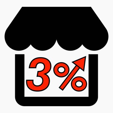 Mağaza satışlarında% 3 artış. Mağaza inşaatı ve beyaz arka planda yüzde artışı. Süpermarkette satış artışı. Vektör simgesi