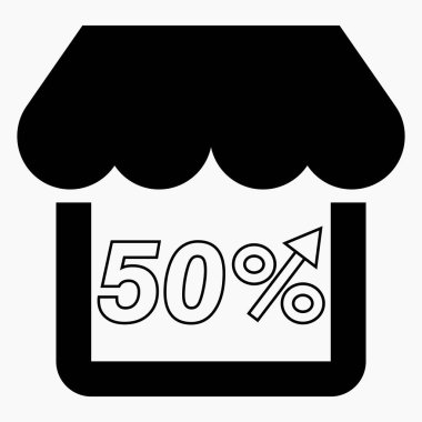 Mağaza satışlarını% 50 arttır. Mağaza inşaatı ve yüzde artışı. Süpermarkette satış artışı. Vektör simgesi.