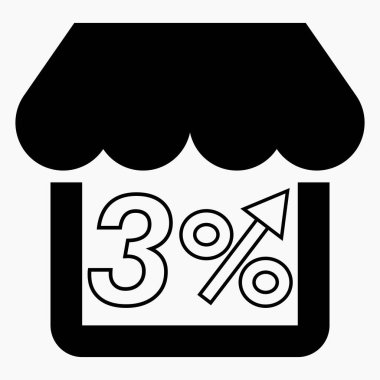 Mağaza satışlarında% 3 artış. Mağaza inşaatı ve beyaz arka planda yüzde artışı. Süpermarkette satış artışı. Vektör simgesi