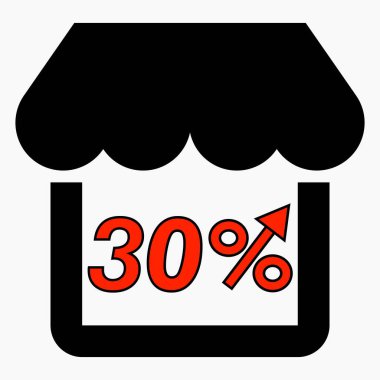 Mağaza satışlarında% 30 artış. Mağaza inşaatı ve beyaz arka planda yüzde artışı. Süpermarkette satış artışı. Vektör simgesi