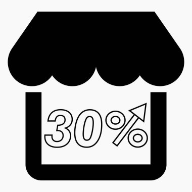 Mağaza satışlarında% 30 artış. Mağaza inşaatı ve beyaz arka planda yüzde artışı. Süpermarkette satış artışı. Vektör simgesi