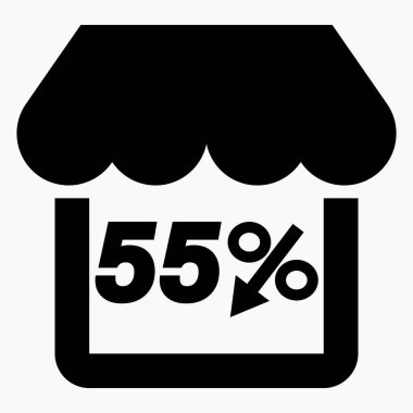 Dükkan% 55 indirimli siyah. Mağaza inşaatı ve yüzde indirimi. Fiyat düştü. Süpermarkette indirim var. Vektör simgesi