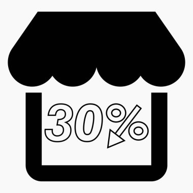 Dükkan% 30 indirimli siyah. Mağaza inşaatı ve yüzde indirimi. Fiyat düştü. Süpermarkette indirim var. Vektör simgesi