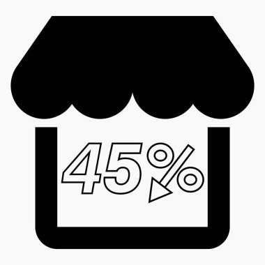 Dükkan% 45 indirimli siyah. Mağaza inşaatı ve yüzde indirimi. Fiyat düştü. Süpermarkette indirim var. Vektör simgesi