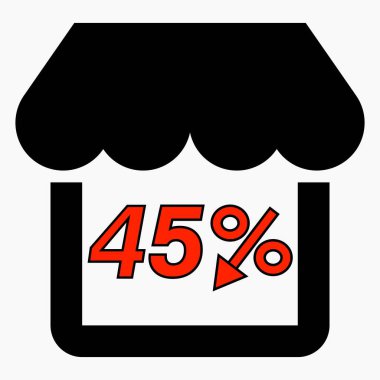 Dükkan% 45 indirimli siyah. Mağaza inşaatı ve yüzde indirimi. Fiyat düştü. Süpermarkette indirim var. Vektör simgesi