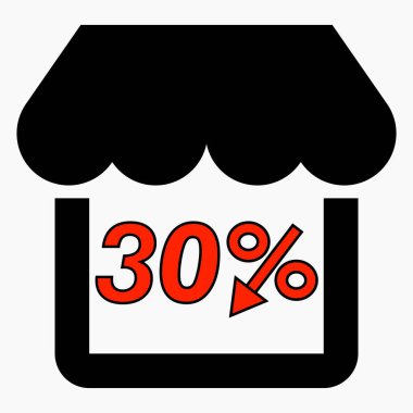 Dükkan% 30 indirimli siyah. Mağaza inşaatı ve yüzde indirimi. Fiyat düştü. Süpermarkette indirim var. Vektör simgesi