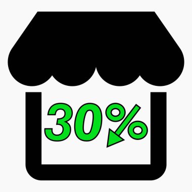 Dükkan% 30 indirimli siyah. Mağaza inşaatı ve yüzde indirimi. Fiyat düştü. Süpermarkette indirim var. Vektör simgesi