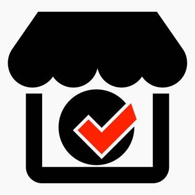 Tamam ve dükkan ikonu. Satın alma belgesi. İyi bir süpermarket ikonu. En iyi ürün simgesi. Vektör simgesi.