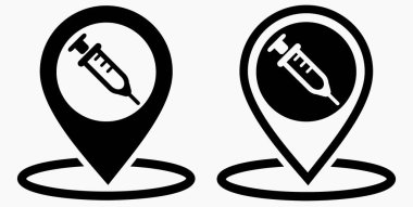 Şırınga ve konum ikonu. Aşı işareti. Hastanenin yeri. Vektör simgesi.