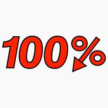 Yüzde yüz küçültme ikonu kırmızıdır. Fiyat düştü. Faiz indirimi. Satılık. Hisse simgesi. İndirim. Malların indirimi. İkramiye indirimi. Vektör simgesi.