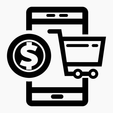 Akıllı telefondan satış. E-ticaret. İnternet üzerinden ticaret. İnternet üzerinden hizmet satışı. Takas katı. Vektör simgesi.