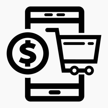 Akıllı telefondan satış. E-ticaret. İnternet üzerinden ticaret. İnternet üzerinden hizmet satışı. Takas katı. Vektör simgesi.