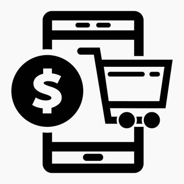 Akıllı telefondan satış. E-ticaret. İnternet üzerinden ticaret. İnternet üzerinden hizmet satışı. Takas katı. Vektör simgesi.