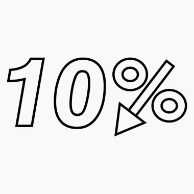 Beyaz arkaplana% 10 koyu renk ikon düşür. Fiyat düştü. Faiz indirimi. Hisse simgesi. İndirim. Malların indirimi. İkramiye indirimi. Vektör simgesi.