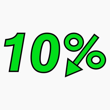 Yüzde 10 yeşil ikon bırakıyor. Fiyat düştü. Faiz indirimi. Hisse simgesi. İndirim. Malların indirimi. İkramiye indirimi. Vektör simgesi.