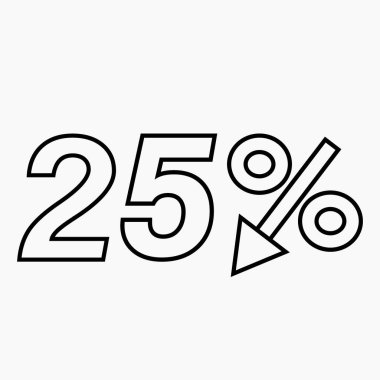 Beyaz arkaplana% 25 koyu renk ikon düşür. Fiyat düştü. Faiz indirimi. Satılık. Hisse simgesi. İndirim. Malların indirimi. İkramiye indirimi. Vektör simgesi.