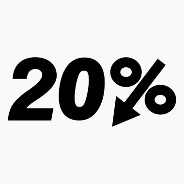 Yüzde 20 indirme ikonu koyu renk. Fiyat düştü. Faiz indirimi. Satılık. Hisse simgesi. İndirim. Malların indirimi. İkramiye indirimi. Vektör simgesi.