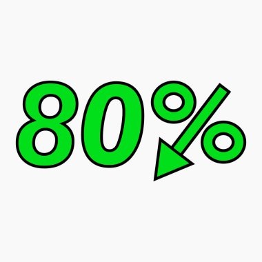 Yüzde 80 yeşil ikon bırakıyor. Fiyat düştü. Faiz indirimi. Hisse simgesi. İndirim. Malların indirimi. İkramiye indirimi. Vektör simgesi.