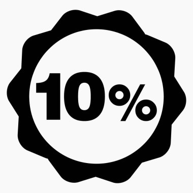 Beyaz arkaplana% 10 koyu renk ikon düşür. Fiyat düştü. Faiz indirimi. Hisse simgesi. İndirim. Malların indirimi. İkramiye indirimi. Vektör simgesi.