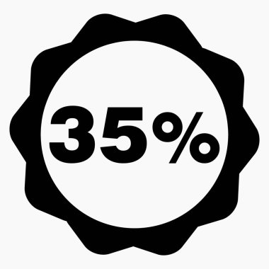 Yüzde 35 indirme ikonu koyu renk. Fiyat düştü. Faiz indirimi. Satılık. Hisse simgesi. İndirim. Malların indirimi. İkramiye indirimi. Vektör simgesi.