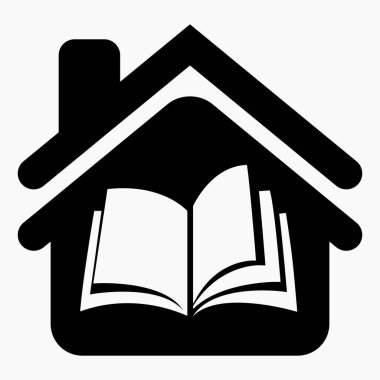 Ev ve kitap ikonu. Okuma odası çizimleri. Kütüphane. Arşiv. Aydınlanma yeri. Vektör simgesi.