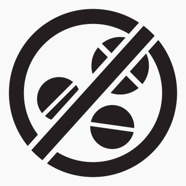 İçki yasağı ikonu. İlaç yok. İlaçların naklinin yasaklanması. Vitamin tüketme sakın. Vektör simgesi.