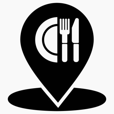 Kafenin konumu. Kaşık ile GPS ve çatal. Fast food haritasını göster. Restoran ikonu. Vektör simgesi.