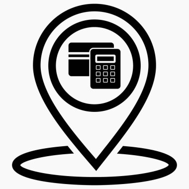 ATM konumu simgesi. Nakitsiz yerleşim yeri. Ödeme kartı ikonu. Vektör simgesi.