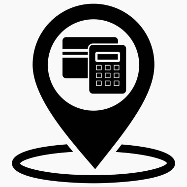 ATM konumu simgesi. GPS bankası. Nakitsiz yerleşim yeri. Ödeme kartı ikonu. Vektör simgesi.