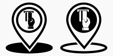 Konum ve banka kartı ikonu. GPS ATM. Kartla ödeme. Nakitsiz yerleşim yeri. Vektör simgesi.