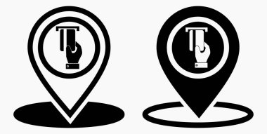 Konum ve banka kartı ikonu. GPS ATM. Kartla ödeme. Nakitsiz yerleşim yeri. Vektör simgesi.