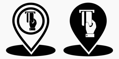 Konum ve banka kartı ikonu. GPS ATM. Kartla ödeme. Nakitsiz yerleşim yeri. Vektör simgesi.