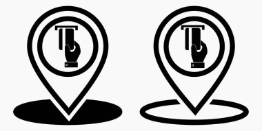 Konum ve banka kartı ikonu. GPS ATM. Kartla ödeme. Nakitsiz yerleşim yeri. Vektör simgesi.