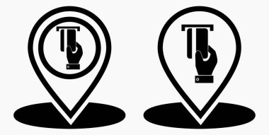 Konum ve banka kartı ikonu. GPS ATM. Kartla ödeme. Nakitsiz yerleşim yeri. Vektör simgesi.